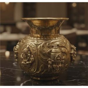 Cuenco Urli Kalash de Latón Dorado Antiguo con Flores Talladas, Maceta India para Decoración del Festival Diwali, Regalo de Lujo para Bodas - Product Image 3
