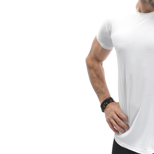 T-shirt de sport pour homme personnalisé blanc à séchage rapide, coupe semi-ajustée, en maille extensible polyester élasthanne, pour entraînement en salle de sport, OEM - Product Image 5