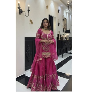 Women's Heavy Sindoor Silk Sharara Palazzo Dress Set with Full Sleeve Embroidered <b>Top</b> Sequin Work Butterfly <b>Net</b> Dupatta - Product Image 1
