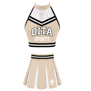 Ensemble d'uniformes de cheerleading beige personnalisés, haut plissé, vêtements de sport pour performance, tenue de compétition de danse d'équipe, vêtements de sport athlétiques - Product Image 1