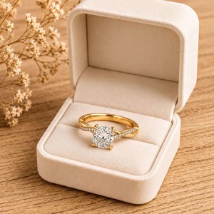 Bague de fiançailles en or massif 10K 14K 18K avec tige torsadée et bande pavée, diamant de laboratoire taille princesse et taille rond, couleur DEF, clarté VS VVS, certifié IGI - Product Image 1