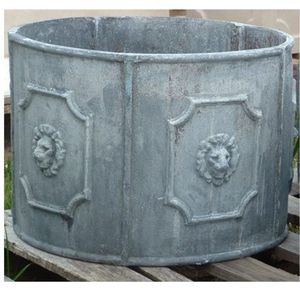 Antique Lead Finish Oval Garden Planter Box Embossed Cherub Putti Design Rectangular Metal Flower <b>Pot</b> Outdoor Decorative Basin - Product Image 3