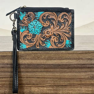Cartera Multifuncional de Cuero Genuino con Diseño de Flor Turquesa, Elegante Portamonedas y Tarjetero, Estilo Occidental - Product Image 3