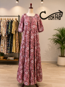 Floral Print Woven Chiffon Maxi <b>Dress</b> Women Puff Sleeve Loose Fit Tiered Hem Eco-Friendly 6XL Spring Casual Sweet Natural - Product Image 1