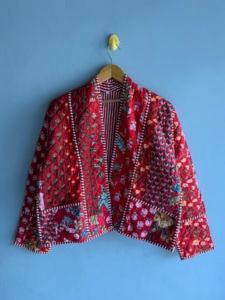 Red Floral Quilted <b>Jacket</b> With <b>Mandarin</b> <b>Collar</b> Three Quarter Sleeve Winter Women's Outerwear gift for her - Product Image 1