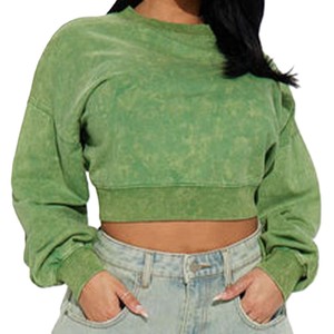 Vintage Mineral Wash Cropped Sweatshirt for Women's Custom Heavy Cotton French Terry Women's Hoodies Crewneck <b>Green</b> Spring Wear - Product Image 4