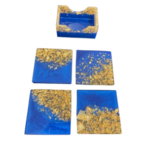 Custom Logo Blue And Gold Epoxy Resin Coasters Set with Holder Square Drink <b>Cup</b> <b>Mat</b> for Modern Home Hotel Table Decoration - Product Image 1
