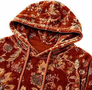 Sweat à capuche en velours imprimé floral baroque personnalisé OEM pour femme, esthétique premium, orange rouille, velours, épaules tombantes - Product Image 5