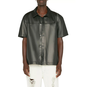 Mens Genuine Style Leather <b>Shirt</b> Slim Fit Casual <b>Button</b> Down Short sleeve Street Fashion Soft PU Leather Party Wear Overshirt T - Product Image 1