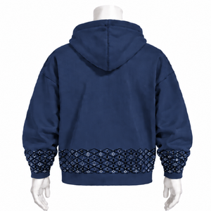 <b>Navy</b> Blue Embroidered Border Hoodie Oversized Pullover Sweatshirt Geometric Hem Cuffs Kangaroo Pocket Casual Streetwear <b>Top</b> - Product Image 2