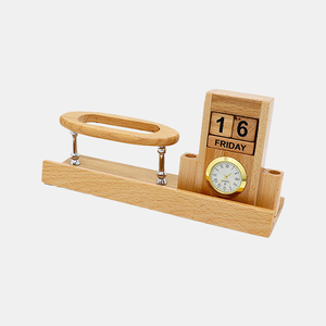 Handicrafts Promotional Wood Pen Holder Wholesale Price Wooden Desk Organizer With Pen Holder and Daily Clock Stand - Product Image 2