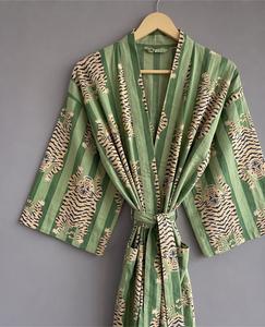 Green Tiger Print Women's Kimono Robe <b>Three</b> Quarter Sleeve Loose Fit Wrap Front Belted Casual Maxi Casual Dresses Woven - Product Image 1