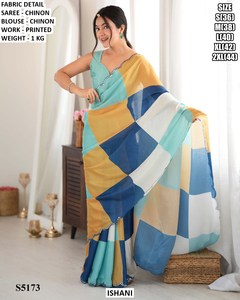 Ishani Women's Chinon Saree Printed Work Regular Fit Floor Length Traditional Style Moisture Wicking Wrinkle Free Wedding - Product Image 4