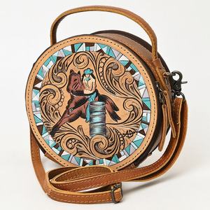 Sac rond de style western pour femme de haute qualité, en cuir véritable, avec motif floral, pour l'automne, accessoire de sac à dos - Product Image 1
