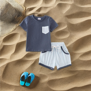 Ensemble de shorts de poche à rayures bleues classiques de tous les jours pour garçons vêtements pratiques pour tout-petits vêtements en Spandex/Polyester - Product Image 1