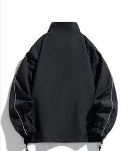 Men's Black Bomber Jacket Striped Canvas Single Button Closure Stand Collar Casual Windproof Polyester Winter Wear OEM Service - Product Image 3