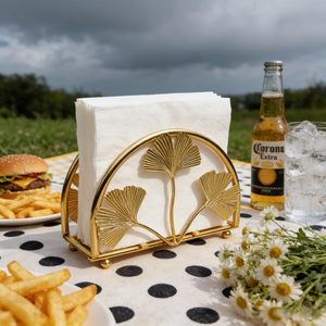 Porte-serviettes doré vertical en métal, motif feuille de Ginkgo, distributeur de serviettes en papier décoratif, support de table pour cocktails, organiseur de salle à manger - Product Image 4