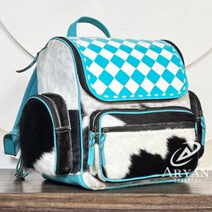 March Expo Elegant Checkered Pattern Genuine Cowhide Leather <b>Backpack</b> Western Style Diaper Bag Manufacturing Perfect for Unisex - Product Image 1
