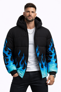 เสื้อแจ็คเก็ตพัฟเฟอร์พิมพ์ลายเปลวไฟสีน้ำเงินสำหรับผู้ชาย เสื้อโค้ทกันหนาวมีฮู้ด สตรีทแวร์ ฮิปฮอป แฟชั่นเสื้อคลุม - Product Image 3