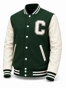 Veste universitaire unisexe verte en laine/polyester, patchwork brodé avec la lettre C, style preppy écologique, col rabattu, hiver - Product Image 1