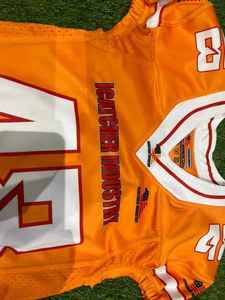 Meera Impex American Football Jersey Set Orange White Sublimated 100%Polyester Breathable V-Neck Short Sleeve Adult Size Uniform - Product Image 3