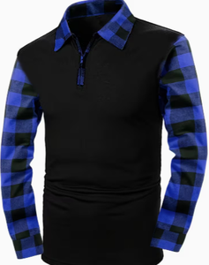 Chemise à manches longues en coton noir pour homme avec manches et col à carreaux bleus Hardihood International - Product Image 1