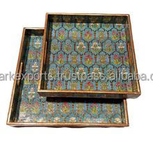 Vibrant Enamel Printed Serving Tray Set Multicolor <b>Decorative</b> Wooden Tray with Handles for Dining Table Home Decor Gift - Product Image 6