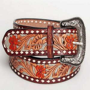 Ceinture d'outillage en cuir occidental de conception gaufrée de sculpture à la main colorée pour hommes et femmes avec la boucle en laiton antique gravée florale - Product Image 4