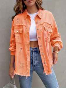 Venta al por mayor de fábrica: Chaqueta de mezclilla desgastada de manga larga de color liso para mujer, estilo otoñal. - Product Image 3
