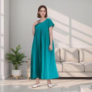 Vestido Maxi de Lino y Algodón Turquesa para Mujer, Cuello Redondo, Corte Holgado, Estilo Casual de Verano - Product Image 2