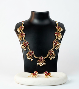 Conjunto de Joyería Nupcial Étnica India para Mujer, de Aleación de Zinc con Piedra Verde y Perlas, Chapado en Oro, Collar y Pendientes para Boda, Compromiso o Fiesta - Product Image 1