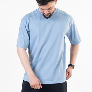 Custom Wholesale Light <b>Blue</b> V Neck Collar Detail T Shirt <b>Mens</b> Relaxed Fit Cotton Jersey Half Sleeve Crewneck Vintage Style Tees - Product Image 3