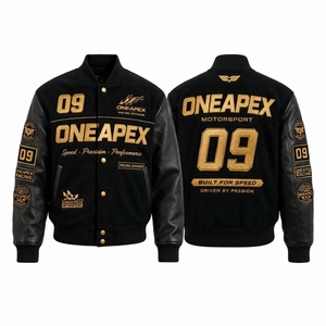 เสื้อแจ็คเก็ตแข่งรถสีดำทองสำหรับผู้ชาย แจ็คเก็ตบอมเบอร์ลายตัวอักษรแนวมอเตอร์สปอร์ต เสื้อผ้าสตรีทแวร์ปักลาย ขายส่ง - Product Image 1