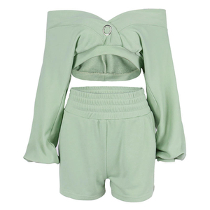 Women's Mint Green Two-Piece <b>Set</b> Off Shoulder Crop Top With Long Sleeves And High Waist Shorts Casual <b>Knitted</b> Cotton Spring - Product Image 1
