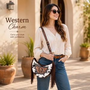 Handcrafted Hair On Cowhide Leather Western Shoulder Bag Tooled Leather Hobo <b>Purse</b> Fringe Handbag Adjustable Strap Everyday - Product Image 3