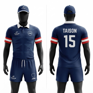 Uniforme de rugby pour hommes en polyester de qualité supérieure, 240 GSM, jersey polo respirant, rayures rouges et blanches sur les manches, logo d'équipe personnalisé - Product Image 1