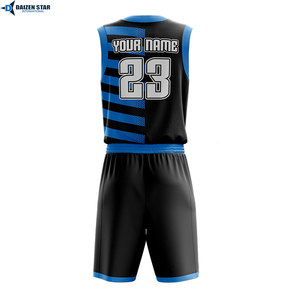 Custom Basketball Jersey Set Black Blue Striped V-Neck Sleeveless Sublimated Print Mesh Breathable Moisture Wicking Elastic - Product Image 3