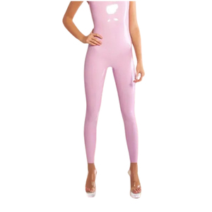 Combinaison moulante rose en PU pour femme, sans manches, taille haute, coupe ajustée, longueur intégrale, col rond, style clubwear - Product Image 3