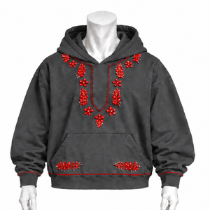 Sweat à capuche gris anthracite Indus brodé, broderie florale traditionnelle, poche kangourou, coupe décontractée, haut streetwear décontracté pour l'hiver - Product Image 1
