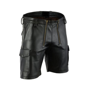 Shorts en cuir noir pour homme, taille mi-haute, fermeture éclair, poches cargo, style motard - Product Image 5