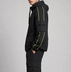 unisex all black hooded windbreaker jacket Neon Piping Tech wear Streetwear Sports Clothing Blank Active Sports Wear Long Sleeve - Product Image 4