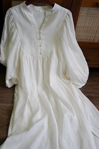 Women’s Deep V Neck <b>White</b> Linen <b>Maxi</b> Dress V-Neck Puff Sleeve Loose Fit Casual Solid Color Breathable Spring Dress - Product Image 4