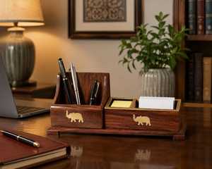 Curio Craft Wooden Handmade <b>Desk</b> <b>Organizer</b> Rectangle Shape Single Tier Multi-Purpose Storage Tray Elephant Design Office Use - Product Image 5
