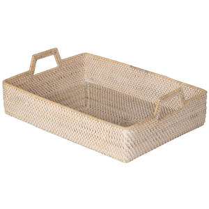 Plateau rectangulaire en rotin style bohème, panier en osier naturel tressé avec poignées trapézoïdales, organisateur - Product Image 1