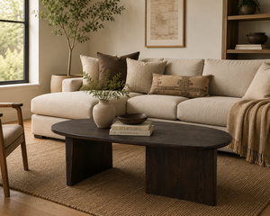 Modern Wood Coffee <b>Table</b> Solid Mango Wood Handmade Living Room Furniture Dark <b>Brown</b> Finish Oval Shape - Product Image 2