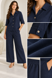 Ropa de Verano para Mujer Directo de Fábrica - Camisa Azul Marino con Botones y Pantalones Anchos, Proveedor al por Mayor - Product Image 5