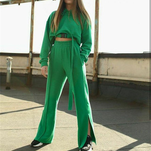 Bright Green Belted <b>Sweatsuit</b> <b>for</b> <b>Women</b> Two Piece Hooded Sweatshirt and Jogger Set Stylish Fleece Lounge Wear Winter Outfit - Product Image 2