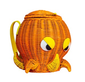 Orange Rattan Octopus Shape <b>Storage</b> <b>Basket</b> With Yellow Eyes And Tentacles Portable Animal Design Woven Bag - Product Image 4