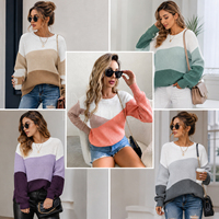 Suéter de Punto Casual para Mujer, 100% Acrílico, Diseño Colorblock Chevron, Transpirable, Envío Inmediato, Venta al Por Mayor, Excedente de Inventario