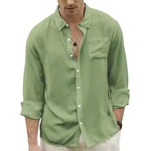 Nouvelle Chemise Habillée Formelle Homme en Lin/Coton Infroissable, Couleur Unie, Col Montant, Manches Longues, Popeline, Style Décontracté pour l'Automne - Product Image 6
